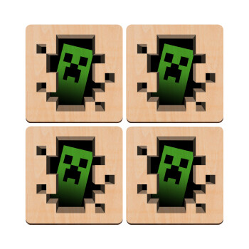 Minecraft creeper, ΣΕΤ x4 Σουβέρ ξύλινα τετράγωνα plywood (9cm)