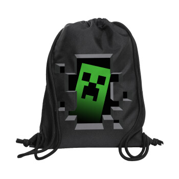 Minecraft creeper, Τσάντα πλάτης πουγκί GYMBAG Μαύρη, με τσέπη (40x48cm) & χονδρά κορδόνια