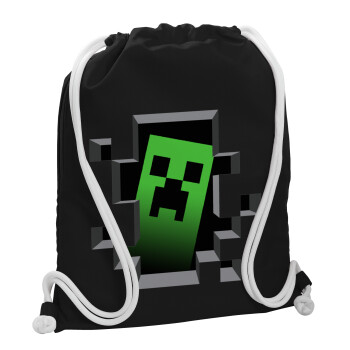 Minecraft creeper, Τσάντα πλάτης πουγκί GYMBAG Μαύρη, με τσέπη (40x48cm) & χονδρά λευκά κορδόνια