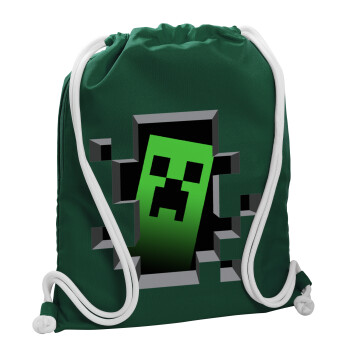 Minecraft creeper, Backpack pouch GYMBAG BOTTLE GREEN, with pocket (40x48cm) & thick white cords