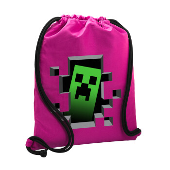Minecraft creeper, Τσάντα πλάτης πουγκί GYMBAG Φούξια, με τσέπη (40x48cm) & χονδρά κορδόνια