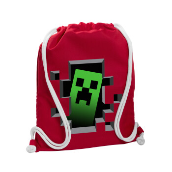 Minecraft creeper, Τσάντα πλάτης πουγκί GYMBAG Κόκκινη, με τσέπη (40x48cm) & χονδρά κορδόνια
