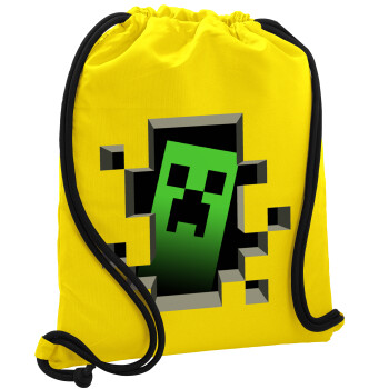 Minecraft creeper, Τσάντα πλάτης πουγκί GYMBAG Κίτρινη, με τσέπη (40x48cm) & χονδρά κορδόνια