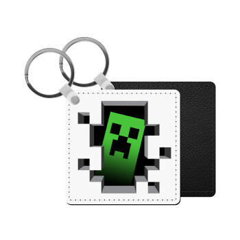 Minecraft creeper, Μπρελόκ Δερματίνη, τετράγωνο ΜΑΥΡΟ (5x5cm)