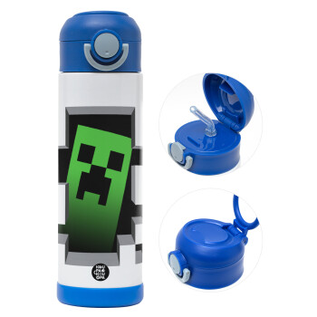 Minecraft creeper, Children's hot water bottle, stainless steel, with safety straw, BLUE (500ml)