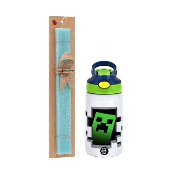 Minecraft creeper, Easter Set, Children's thermal stainless steel bottle with safety straw, green/blue (350ml) & aromatic flat Easter candle (30cm) (TURQUOISE)
