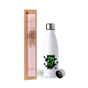 Minecraft creeper, Easter Set, metallic stainless steel water bottle (750ml) & scented flat Easter candle (30cm) (PINK)