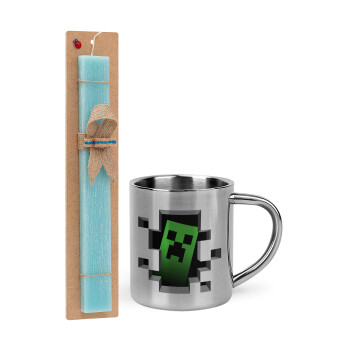 Minecraft creeper, Easter Set, metallic thermal cup (300ml) & aromatic flat Easter candle (30cm) (TURQUOISE)