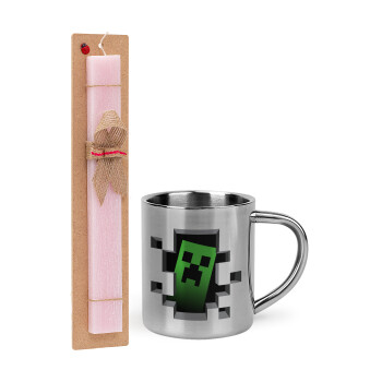 Minecraft creeper, Easter Set, metallic thermal cup (300ml) & aromatic flat Easter candle (30cm) (PINK)