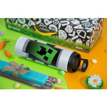 Minecraft creeper, Πασχαλινή Λαμπάδα με Travel Tumbler θερμό με διπλό καπάκι (600ml, BPA free) & κερί αρωματικό πλακέ (30cm) (ΤΙΡΚΟΥΑΖ)