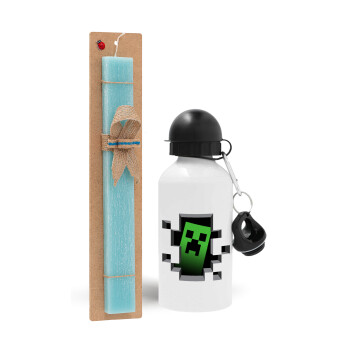 Minecraft creeper, Easter Set, metallic aluminum water bottle (500ml) & scented flat candle (30cm) (TURQUOISE)