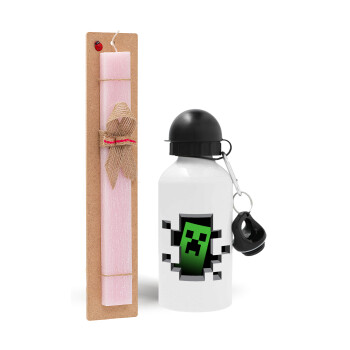 Minecraft creeper, Πασχαλινό Σετ, παγούρι μεταλλικό αλουμινίου (500ml) & πασχαλινή λαμπάδα αρωματική πλακέ (30cm) (ΡΟΖ)