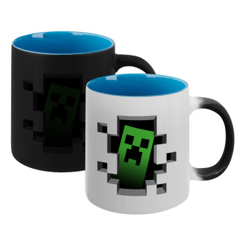 Minecraft creeper, Κούπα Μαγική εσωτερικό μπλε, κεραμική 330ml που αλλάζει χρώμα με το ζεστό ρόφημα