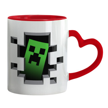 Minecraft creeper, Mug heart red handle, ceramic, 330ml