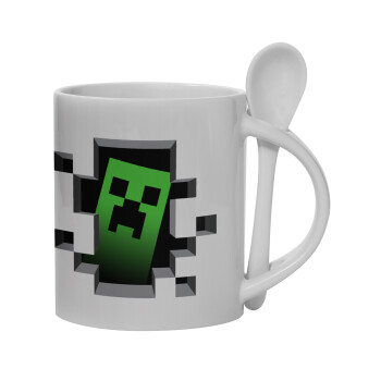 Minecraft creeper, Ceramic coffee mug with Spoon, 330ml (1pcs)