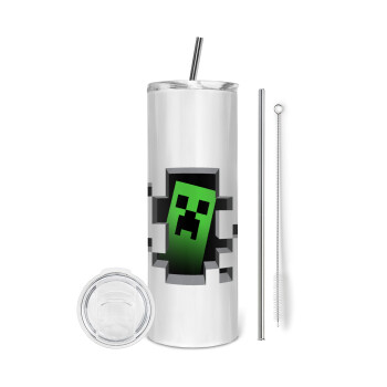 Minecraft creeper, Eco friendly ποτήρι θερμό (tumbler) από ανοξείδωτο ατσάλι 600ml, με μεταλλικό καλαμάκι & βούρτσα καθαρισμού