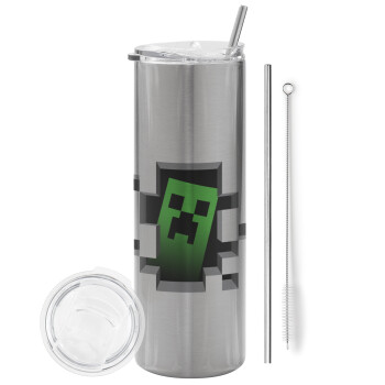 Minecraft creeper, Eco friendly ποτήρι θερμό Ασημένιο (tumbler) από ανοξείδωτο ατσάλι 600ml, με μεταλλικό καλαμάκι & βούρτσα καθαρισμού