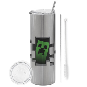 Minecraft creeper, Tumbler ποτήρι θερμό Ασημένιο από ανοξείδωτο ατσάλι 600ml, με μεταλλικό καλαμάκι & βούρτσα καθαρισμού