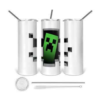 Minecraft creeper, Tumbler stainless steel 600ml, with metal straw & cleaning brush
