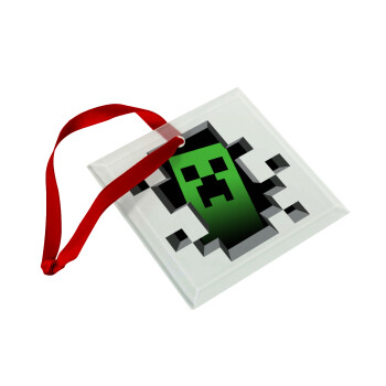 Minecraft creeper, Christmas ornament, glass square ornament 9x9cm