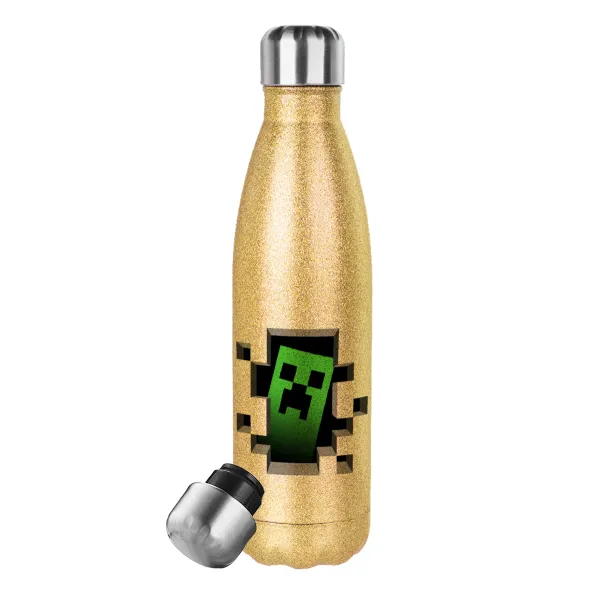 Minecraft creeper — Glitter gold stainless steel thermos bottle, double-walled, 500ml