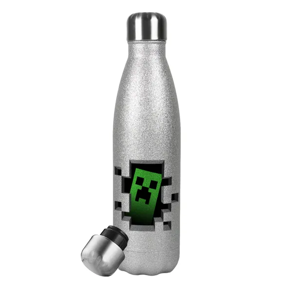 Minecraft creeper — Metallic Glitter Silver Thermos Flask (Stainless steel), double-walled, 500ml
