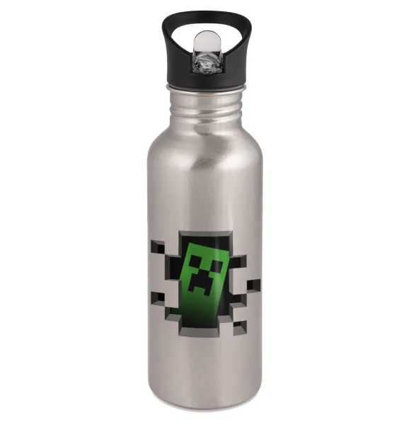 Minecraft creeper — Παγούρι νερού Ασημένιο με καλαμάκι, ανοξείδωτο ατσάλι 600ml