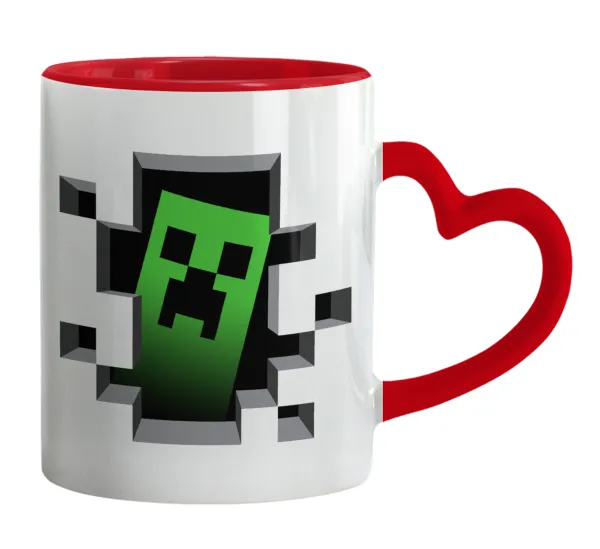 Minecraft creeper — Mug heart red handle, ceramic, 330ml