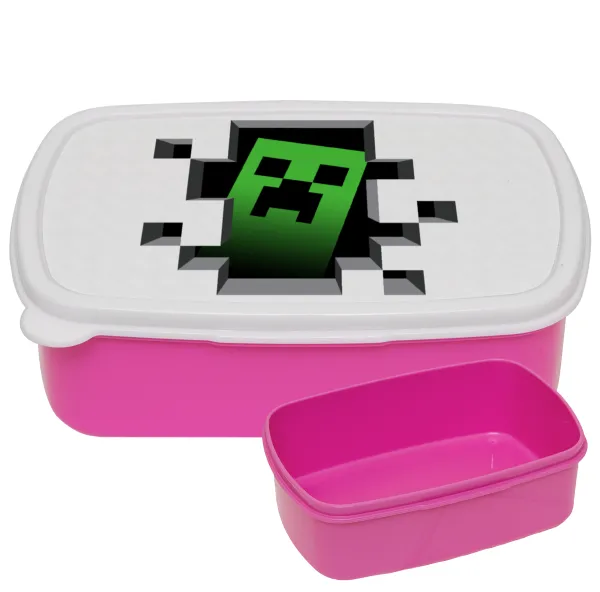 Minecraft creeper — PINK kids' plastic lunch box (BPA-free), L18 x W13 x H6cm