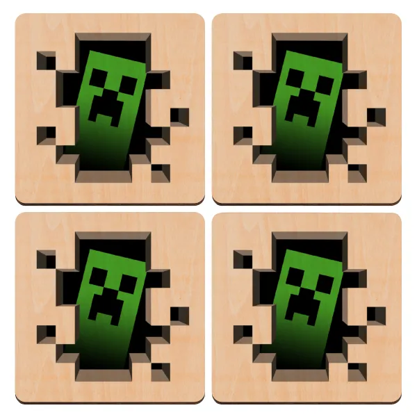 Minecraft creeper — Set of 4 square plywood coasters (9cm)
