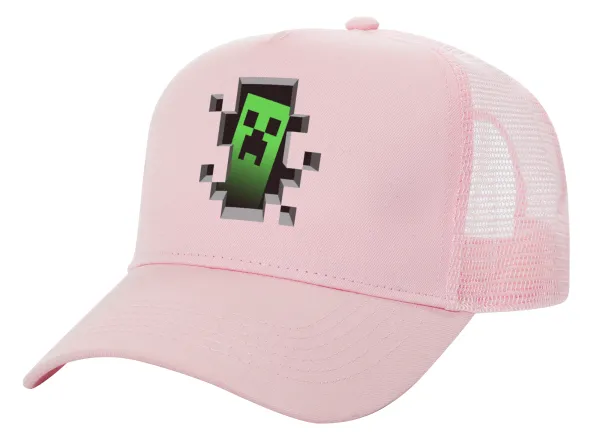 Minecraft creeper — Καπέλο Παιδικό Structured Trucker, με Δίχτυ, ΡΟΖ (100% ΒΑΜΒΑΚΕΡΟ, ΠΑΙΔΙΚΟ, UNISEX, ONE SIZE)