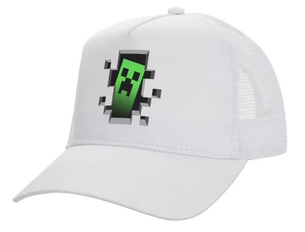 Minecraft creeper — Structured Trucker Adult Hat, with Mesh, WHITE (100% COTTON, ADULT, UNISEX, ONE SIZE)