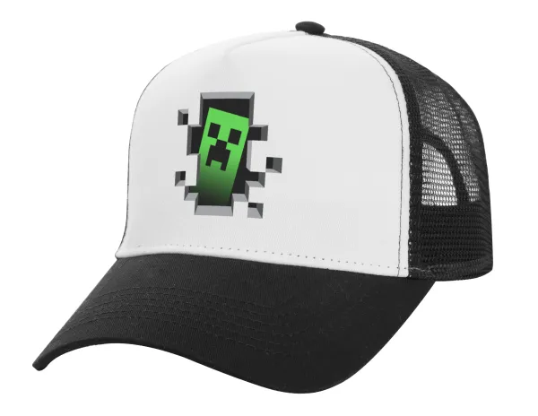 Minecraft creeper — Adult Structured Trucker Hat, with Mesh, WHITE/BLACK (100% COTTON, ADULT, UNISEX, ONE SIZE)