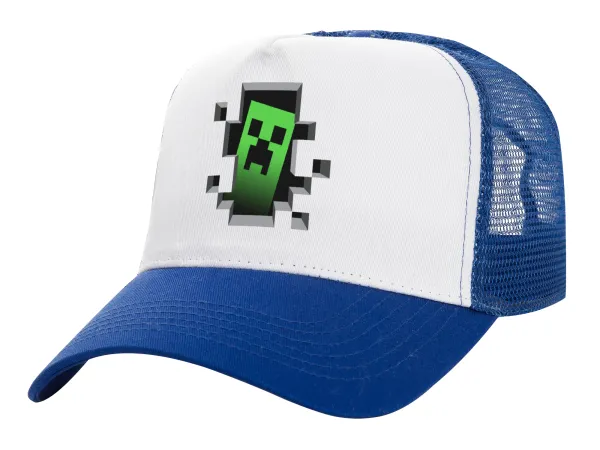 Minecraft creeper — Adult Structured Trucker Hat, with Mesh, WHITE/BLUE (100% COTTON, ADULT, UNISEX, ONE SIZE)