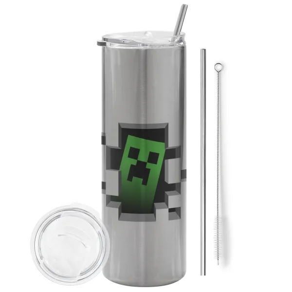 Minecraft creeper — Tumbler stainless steel Silver 600ml, with metal straw & cleaning brush