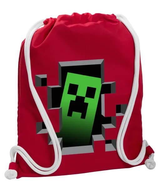 Minecraft creeper — Backpack pouch GYMBAG Red, with pocket (40x48cm) & thick cords