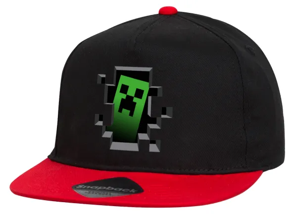 Minecraft creeper — Flat Snapback Hat, Black/Red (100% COTTON, UNISEX, ONE SIZE)