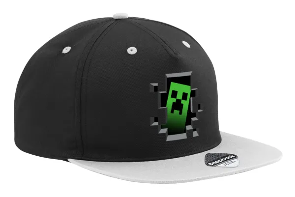 Minecraft creeper — Adult Flat Snapback Hat Black/Grey, (100% COTTON TWILL, ADULT, UNISEX, ONE SIZE)