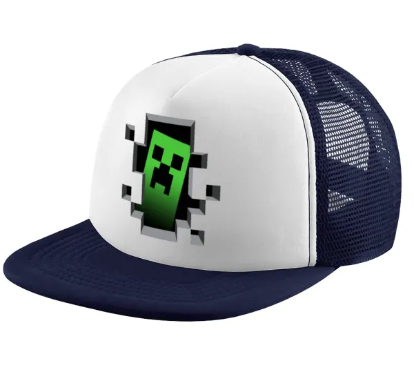 Minecraft creeper — Adult Soft Trucker Hat with Dark Blue/White Mesh (POLYESTER, ADULT, UNISEX, ONE SIZE)