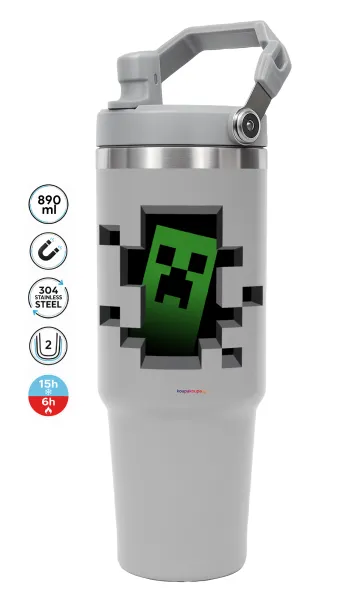 Minecraft creeper — ΓΚΡΙ Travel Tumbler Θερμός με χερούλι και καλαμάκι 890ml