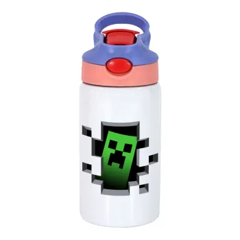 Minecraft creeper, Παιδικό παγούρι θερμό, ανοξείδωτο, με καλαμάκι ασφαλείας, ροζ/μωβ (350ml)
