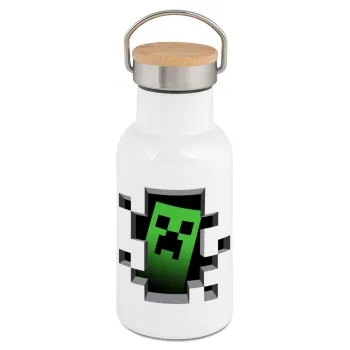 Minecraft creeper, Metallic thermos (Stainless steel) White with wooden lid (bamboo), double-walled, 350ml
