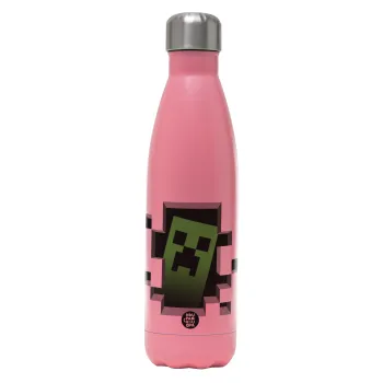 Minecraft creeper, Μεταλλικό παγούρι θερμός Ροζ Ματ (Stainless steel), διπλού τοιχώματος, 500ml