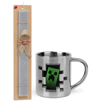 Minecraft creeper, Easter Set, metallic thermal cup (300ml) & Easter aromatic flat candle (30cm) (GRAY)