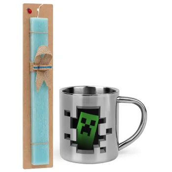 Minecraft creeper, Easter Set, metallic thermal cup (300ml) & aromatic flat Easter candle (30cm) (TURQUOISE)
