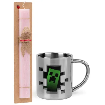 Minecraft creeper, Πασχαλινή Λαμπάδα με μεταλλική κούπα θερμό (300ml) & κερί αρωματικό πλακέ (30cm) (ΡΟΖ)