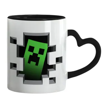 Minecraft creeper, Κούπα καρδιά χερούλι μαύρη, κεραμική, 330ml