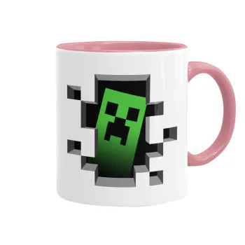 Minecraft creeper, Κούπα χρωματιστή ροζ, κεραμική, 330ml