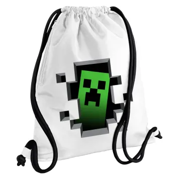 Minecraft creeper, Backpack pouch GYMBAG white, with pocket (40x48cm) & thick cords