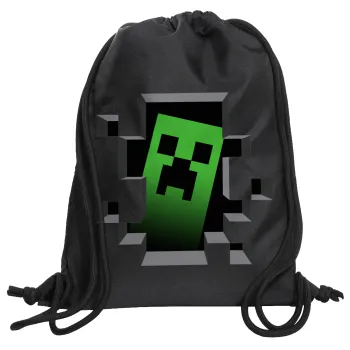 Minecraft creeper, Τσάντα πλάτης πουγκί GYMBAG Μαύρη, με τσέπη (40x48cm) & χονδρά κορδόνια